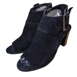 Vaneli Black Peep Toe Block Heel Suede Leather Buckle Ankle Booties Sz 9.5
